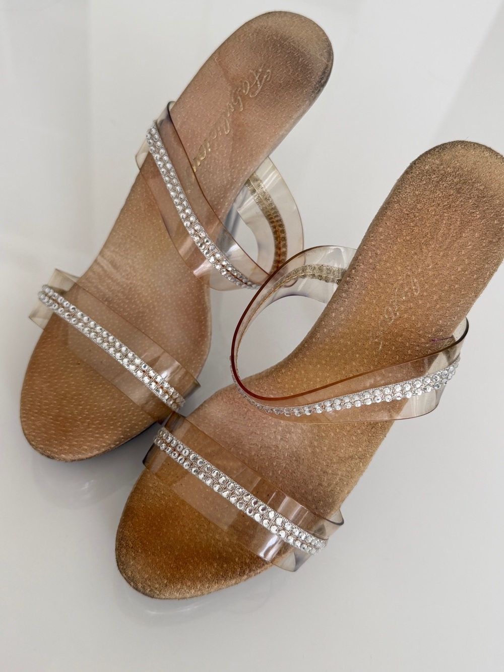 My competition heels - Clear Strap Rhinestone Slide Sandals in Nude
